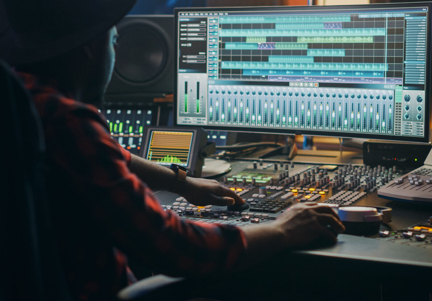Music Creator, Musician, Artist Works in the Music Record Studio Music Creator, Musician, Artist Works in the Music Record Studio, Uses Surface Control Desk Equalizer Mixer. Buttons, Faders, Sliders to Broadcast, Record, Play Hit Song. Close-up Shot